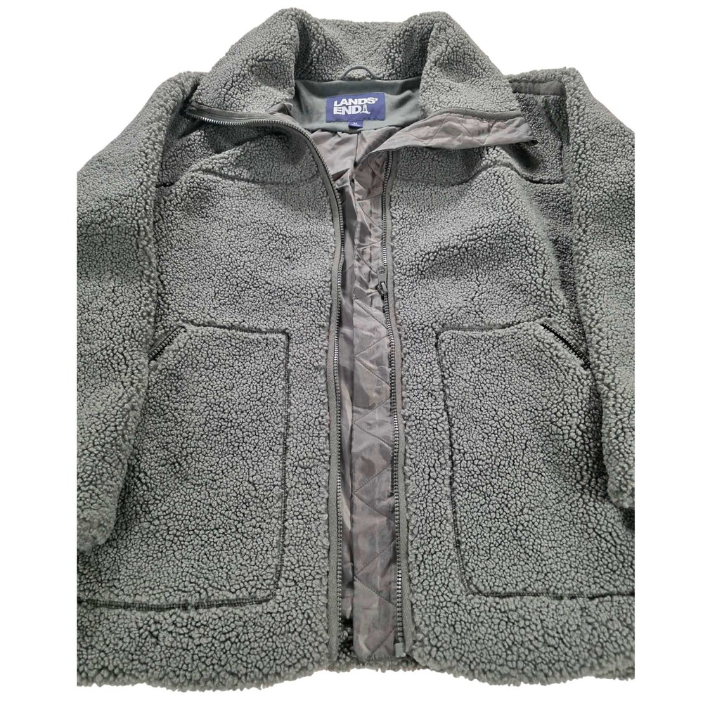 EUC Lands End Women XL Sherpa Fleece Jacket Full Zip Gray Quilted Lined Pockets - Picture 4 of 14